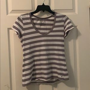 American Eagle Brown and White Striped Tee